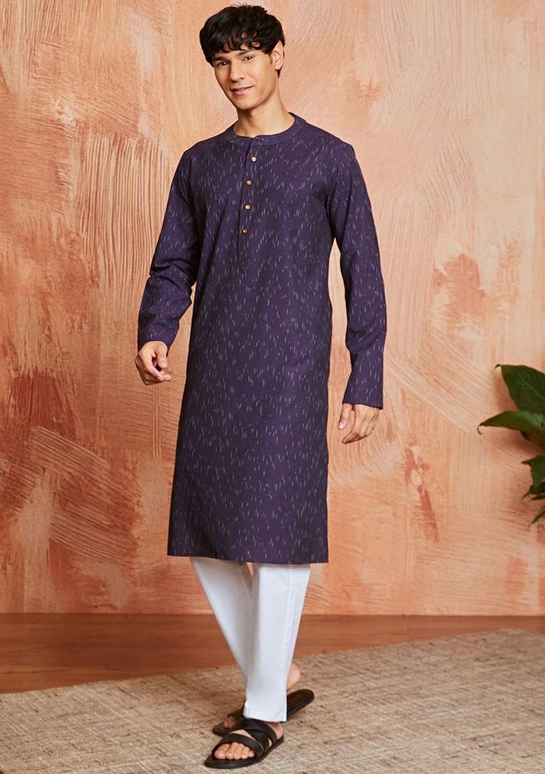 Purple Ikat Print Poly Blend Kurta Set For Men