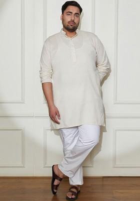 White Solid Cotton Kurta Set For Men