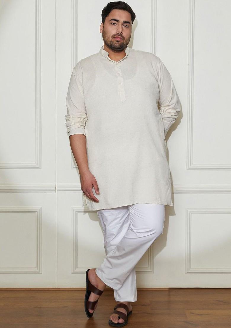 White Solid Cotton Kurta Set For Men