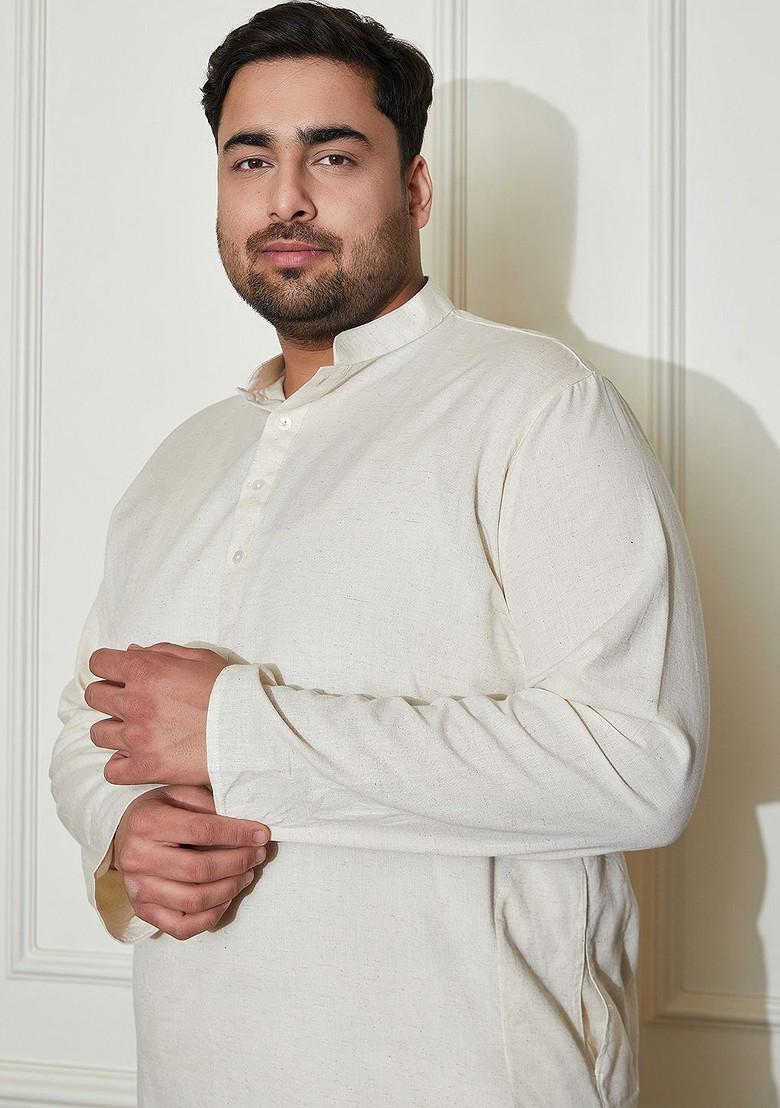 White Solid Cotton Kurta Set For Men