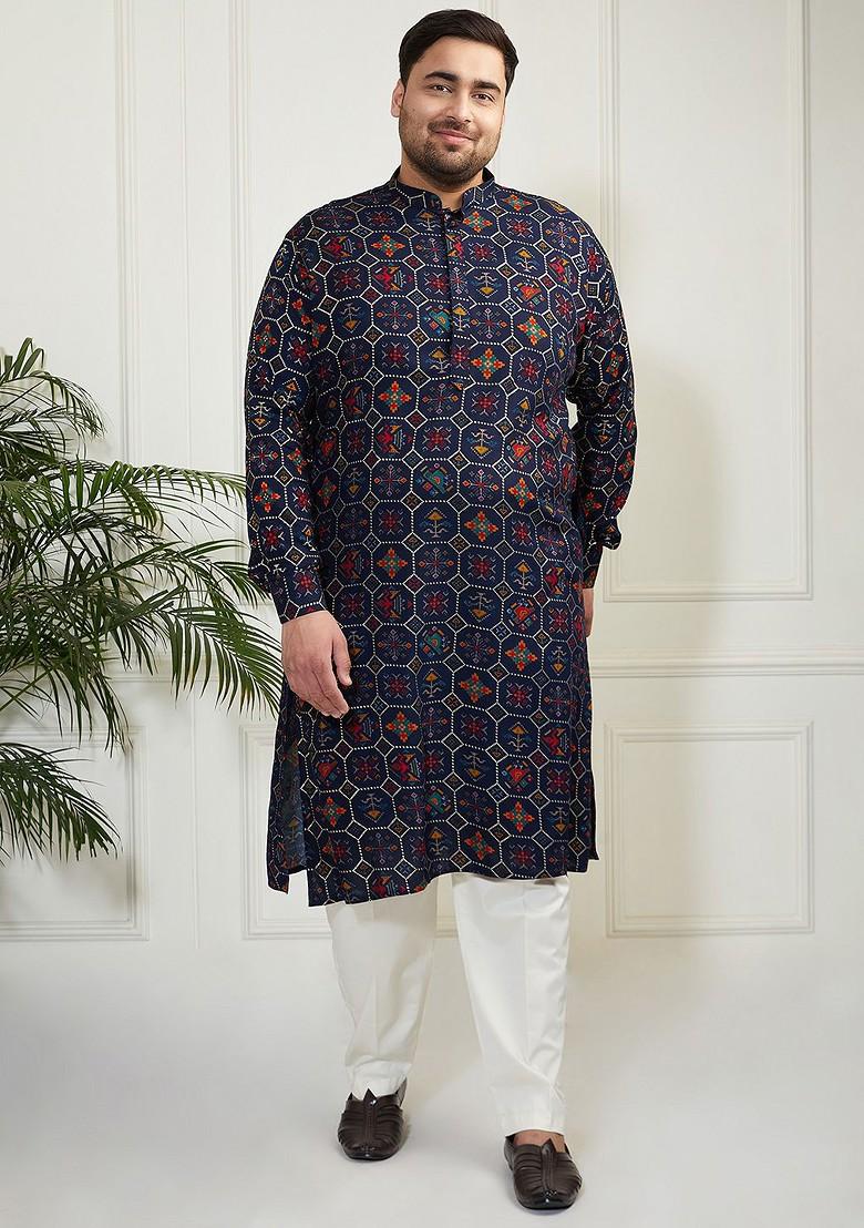 Blue Ethnic Motifs Poly Blend Kurta Set For Men