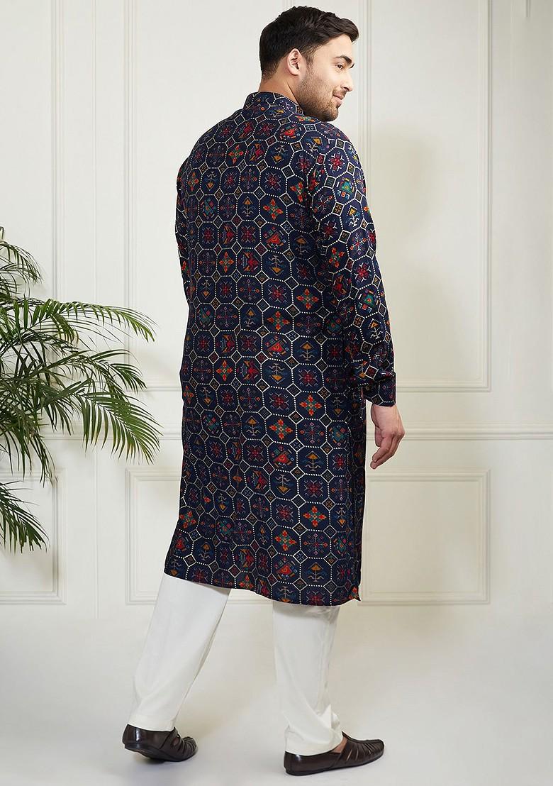 Blue Ethnic Motifs Poly Blend Kurta Set For Men