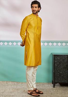 Mustard Thread Work Poly Blend Kurta Set For Men