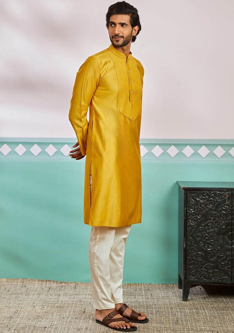 Mustard Thread Work Poly Blend Kurta Set For Men