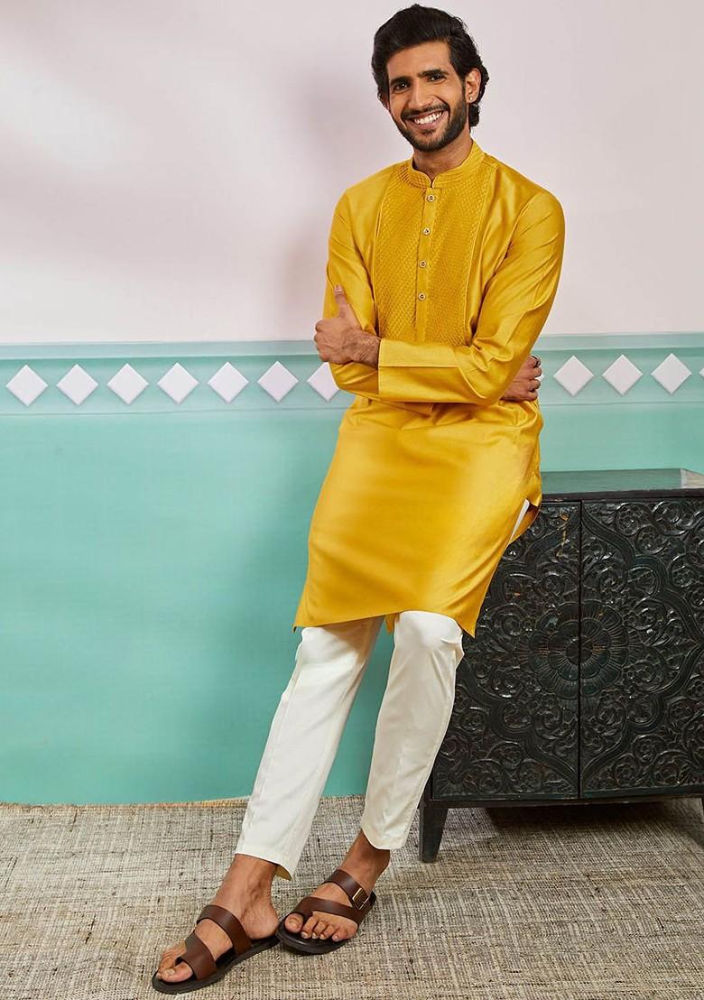 Mustard Thread Work Poly Blend Kurta Set For Men