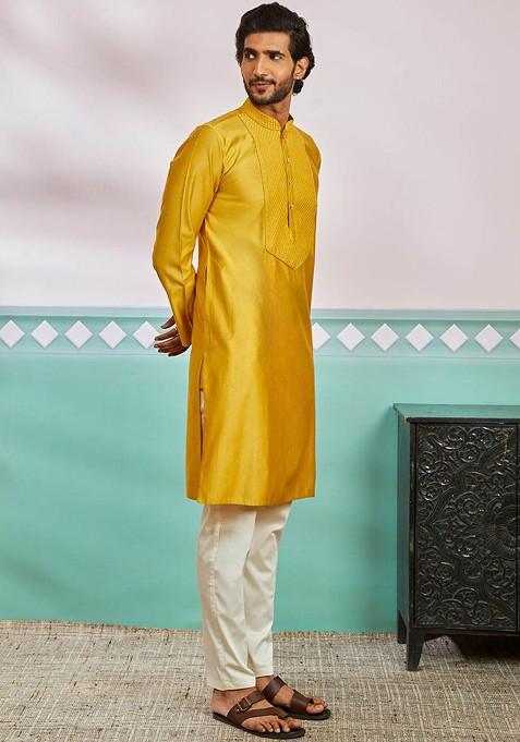 Mustard Thread Work Poly Blend Kurta Set For Men — view on Indya