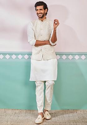 Cream Embroidered Poly Blend Kurta Set For Men