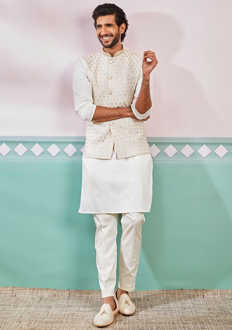 Cream Embroidered Poly Blend Kurta Set For Men