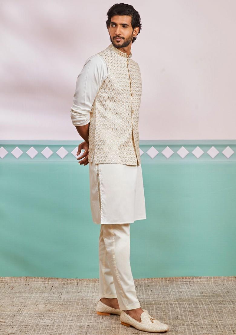 Cream Embroidered Poly Blend Kurta Set For Men