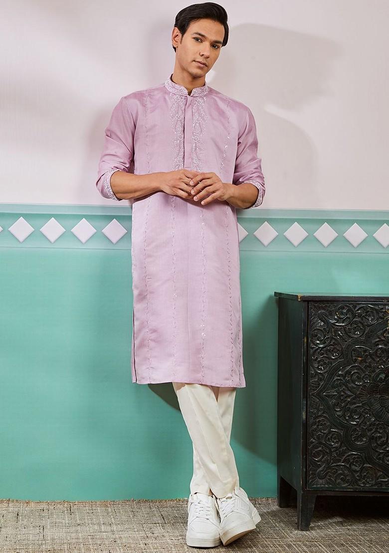 Pink Ethnic Motifs Poly Blend Kurta Set For Men