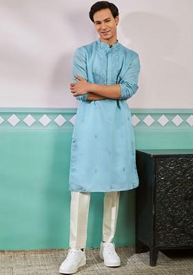 Blue Ethnic Motifs Poly Blend Kurta Set For Men