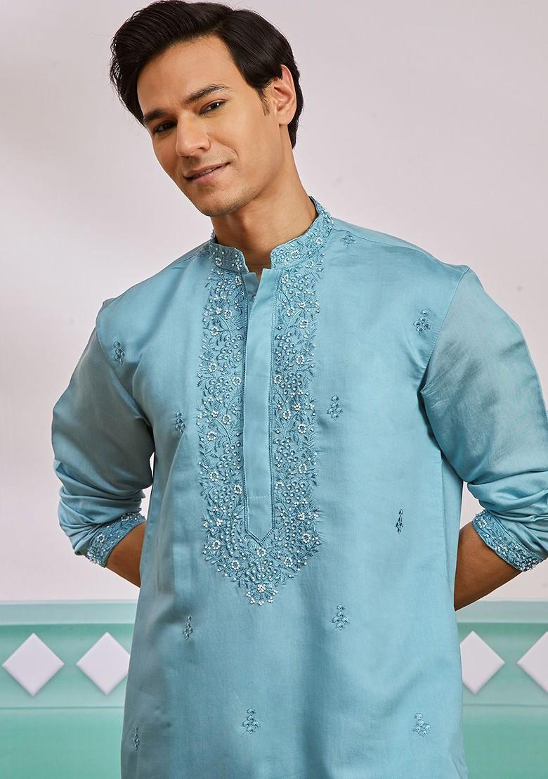 Blue Ethnic Motifs Poly Blend Kurta Set For Men