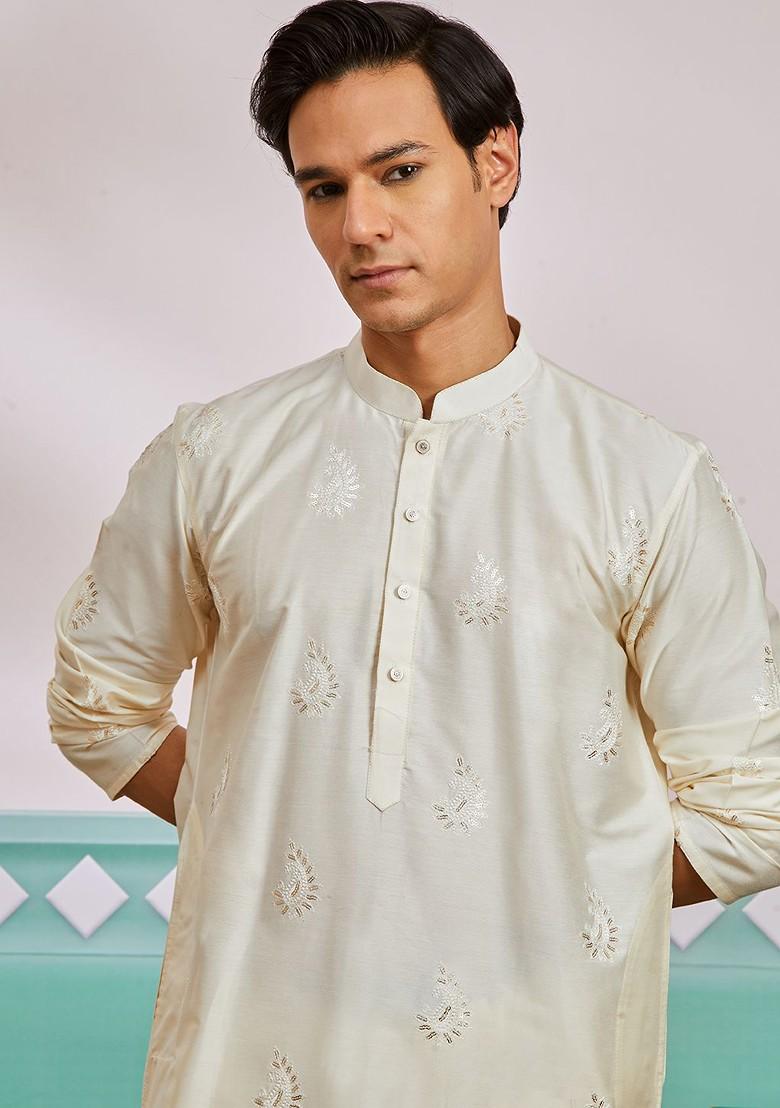 Cream Ethnic Motifs Poly Blend Kurta Set For Men
