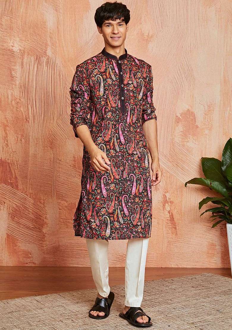 Black Ethnic Motifs Poly Blend Kurta Set For Men - Indya