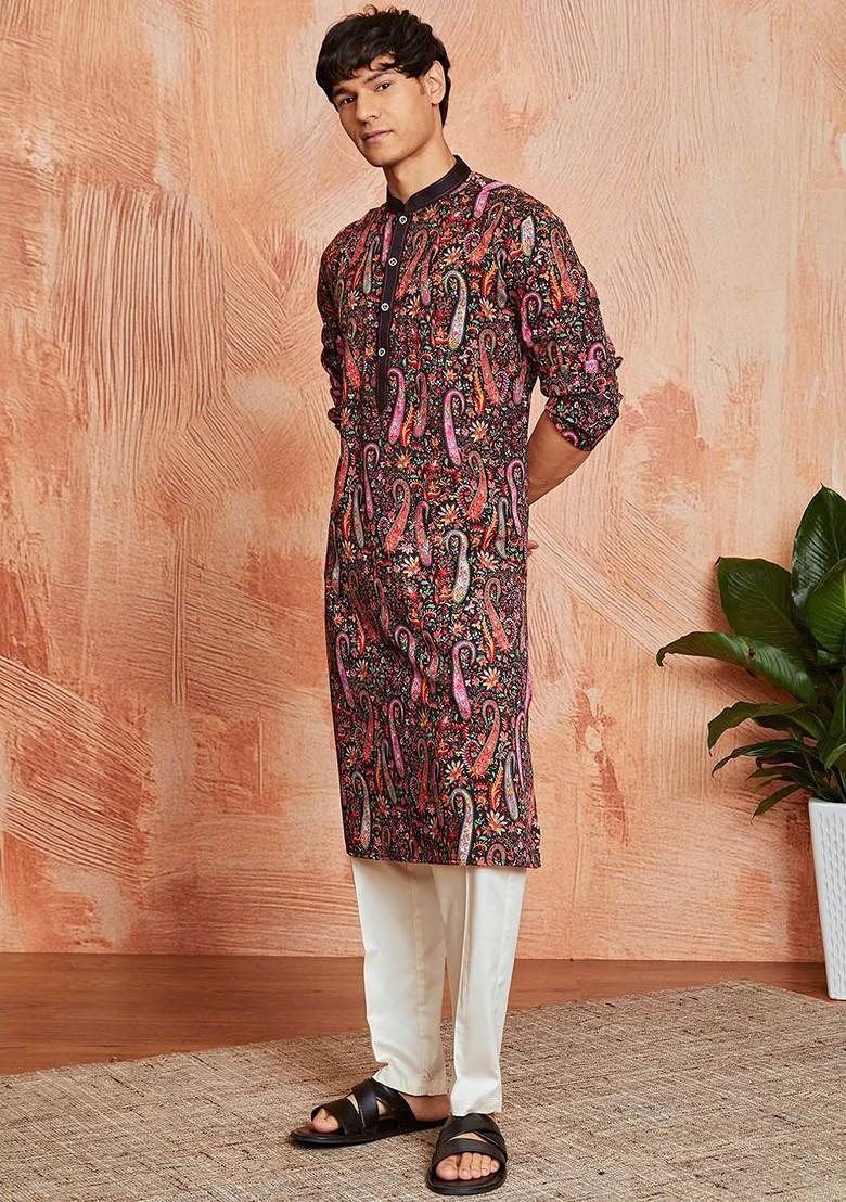 Black Ethnic Motifs Poly Blend Kurta Set For Men