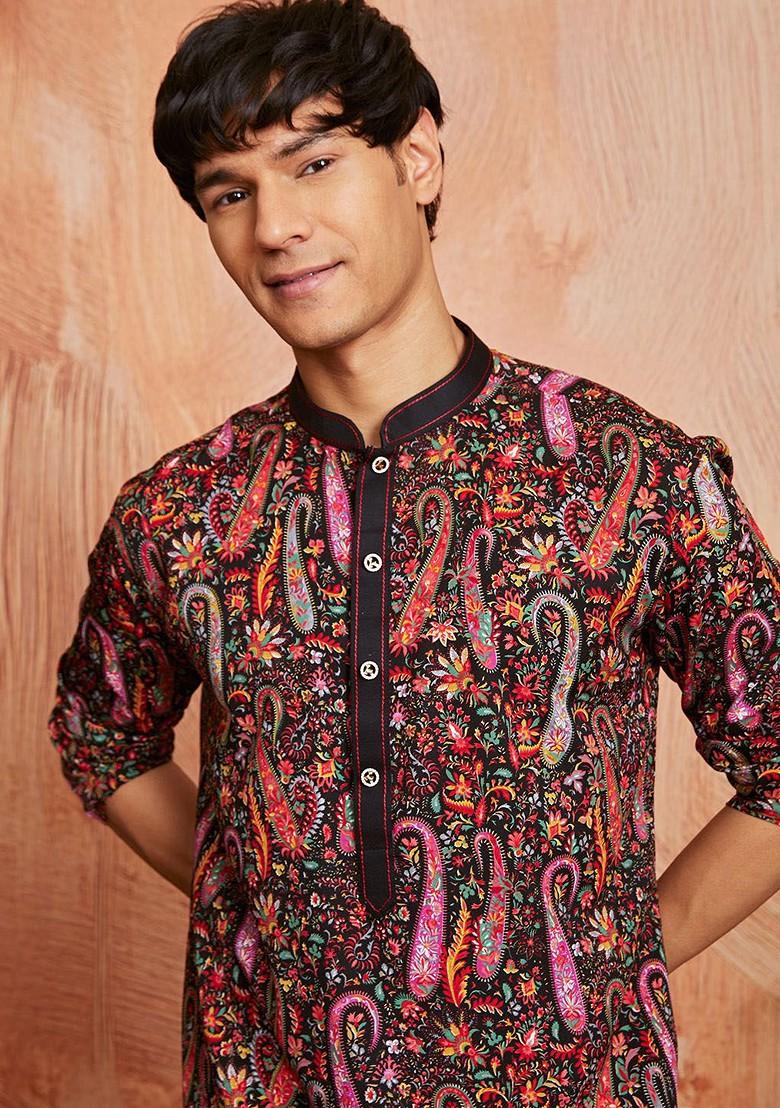 Black Ethnic Motifs Poly Blend Kurta Set For Men