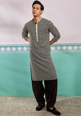 Black Embroidered Poly Blend Kurta Set For Men