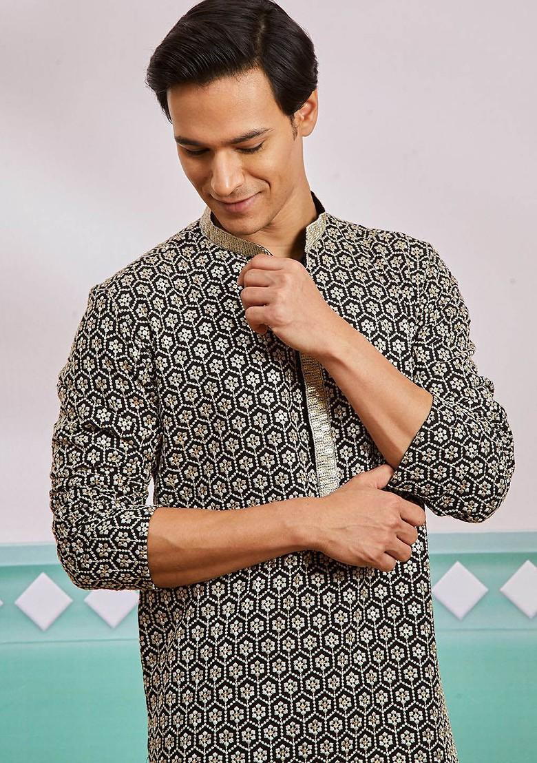 Black Embroidered Poly Blend Kurta Set For Men