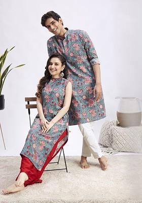 Blue Floral Print Cotton Kurta Set For Men