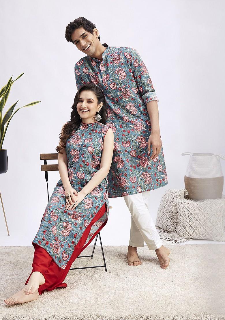 Blue Floral Print Cotton Kurta Set For Men