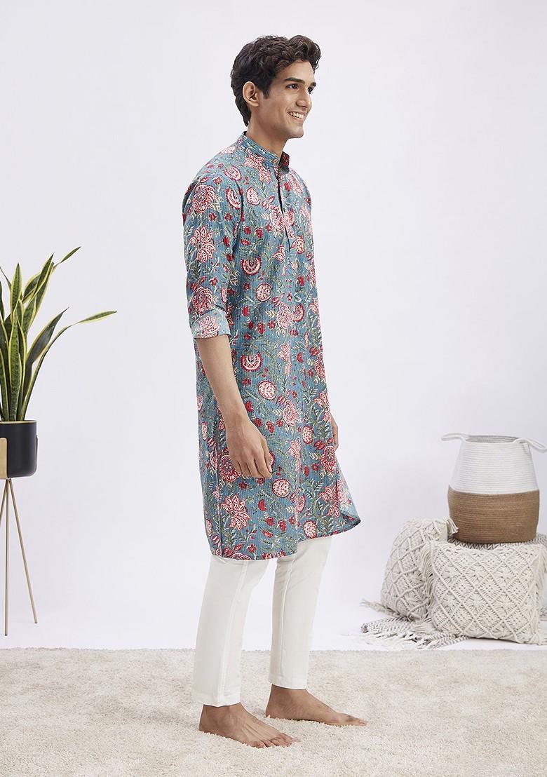 Blue Floral Print Cotton Kurta Set For Men