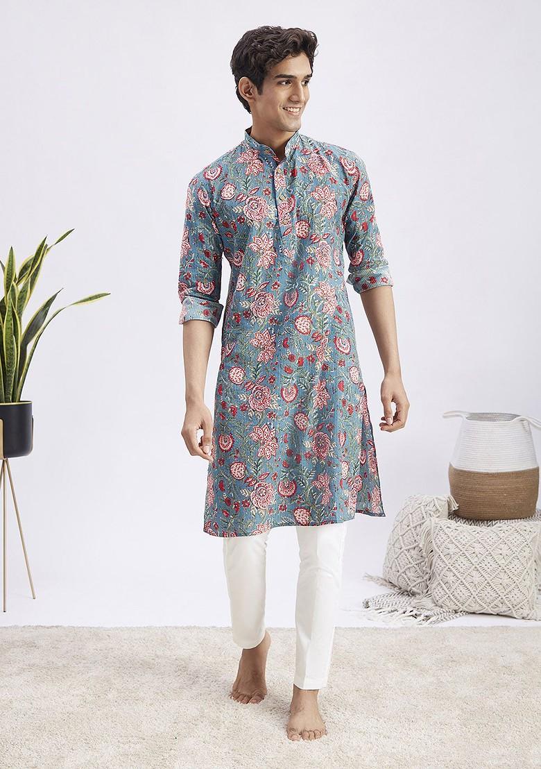 Blue Floral Print Cotton Kurta Set For Men