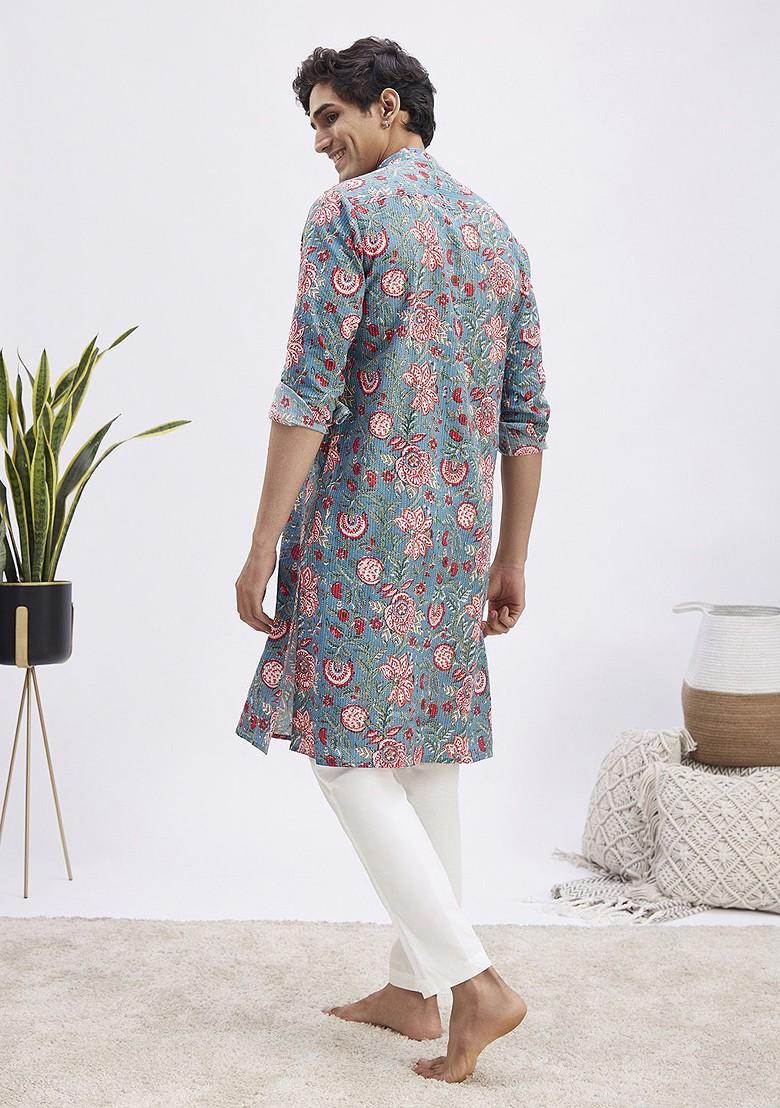 Blue Floral Print Cotton Kurta Set For Men