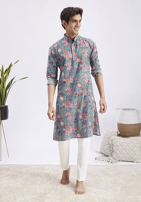 Blue Floral Print Cotton Kurta Set For Men