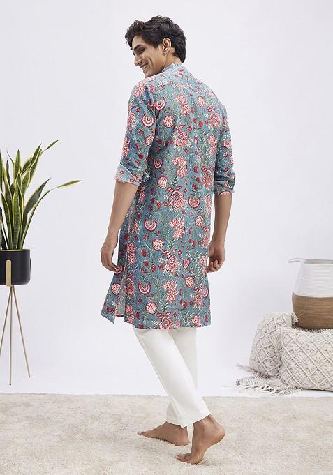 Blue Floral Print Cotton Kurta Set For Men