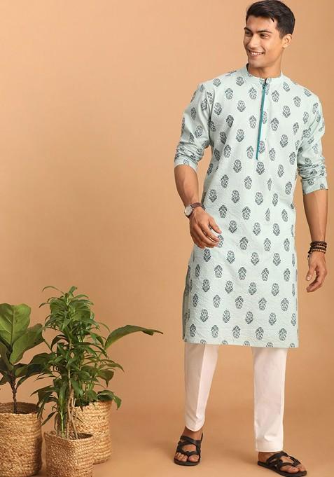 Sea Green Ethnic Motifs Cotton Kurta Set For Men
