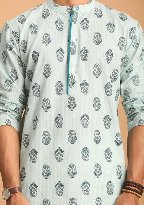 Sea Green Ethnic Motifs Cotton Kurta Set For Men