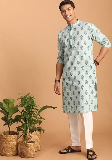 Sea Green Ethnic Motifs Cotton Kurta Set For Men