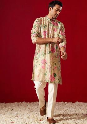 Green Floral Print Poly Blend Kurta Set For Men
