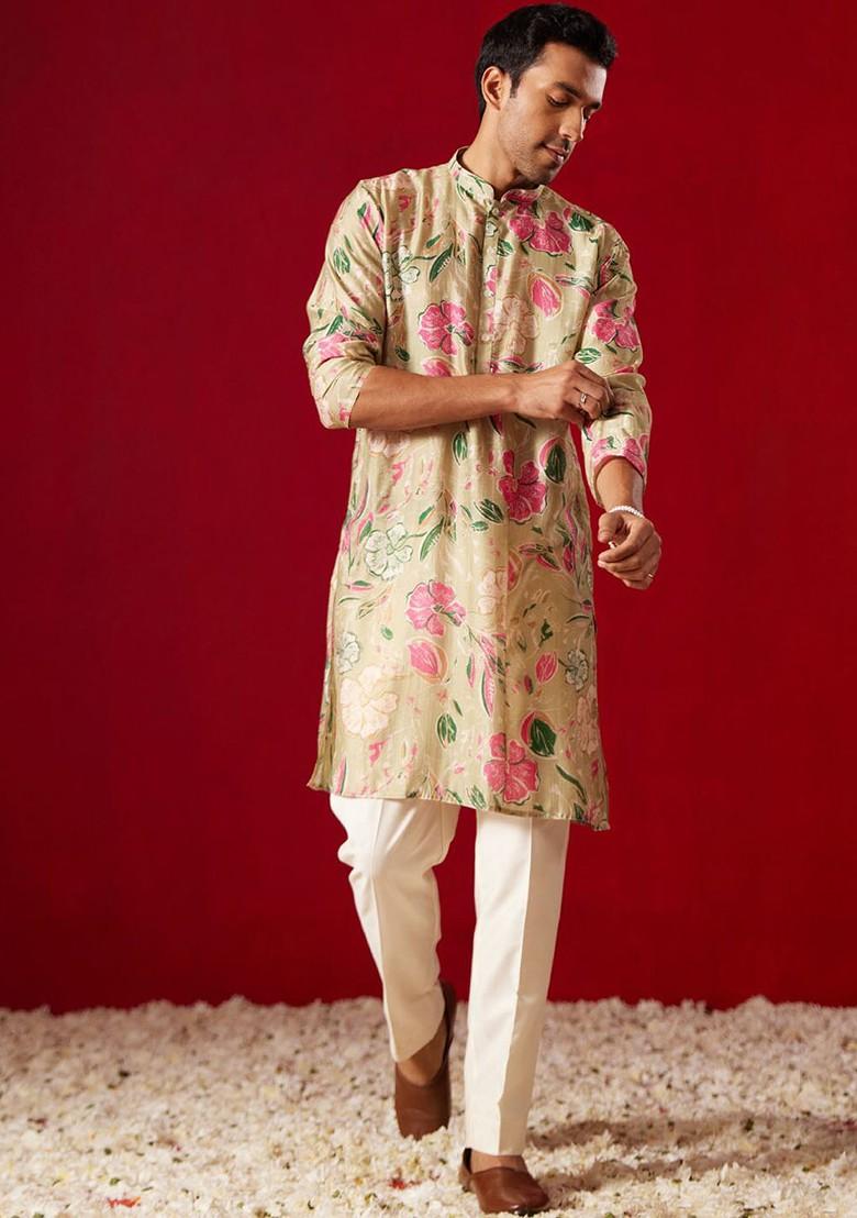 Green Floral Print Poly Blend Kurta Set For Men