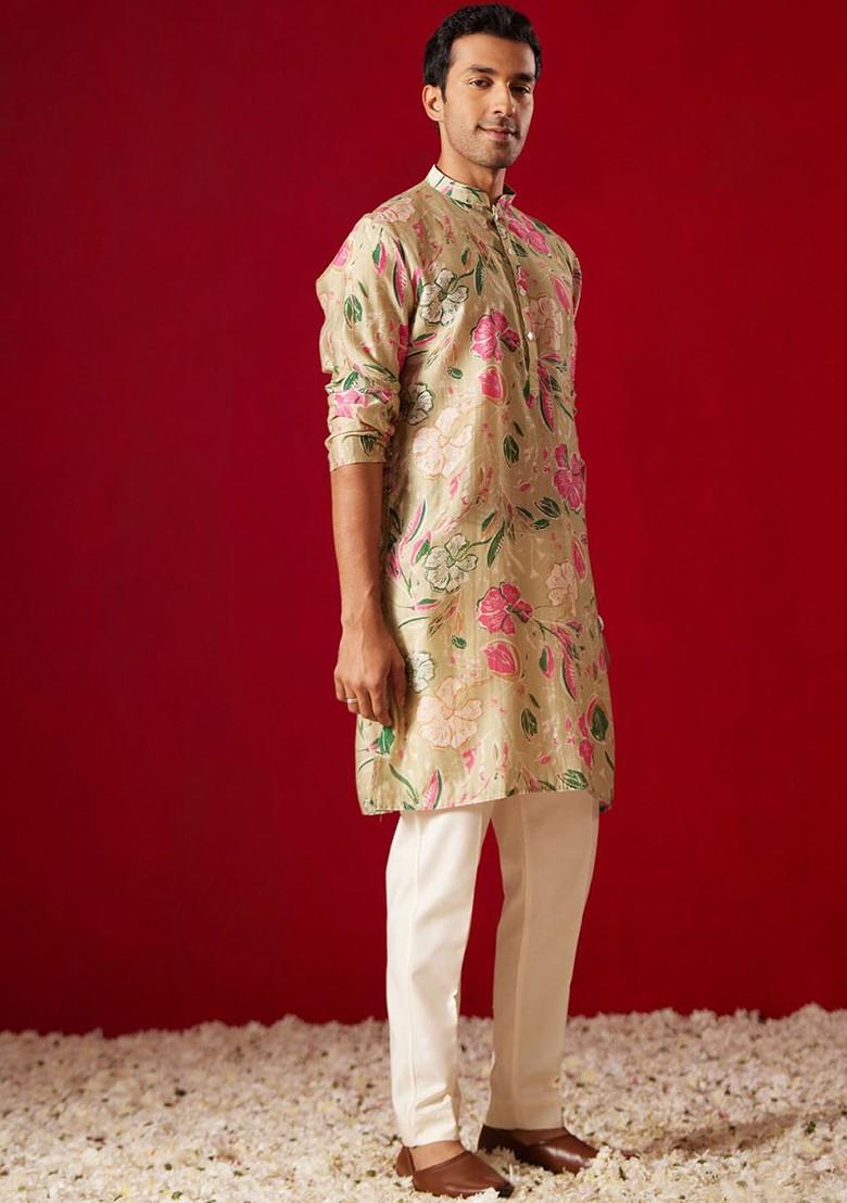 Green Floral Print Poly Blend Kurta Set For Men