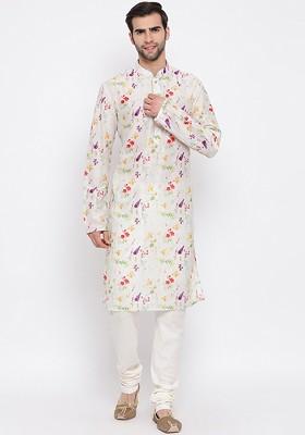 Cream Floral Print Poly Blend Kurta Set For Men