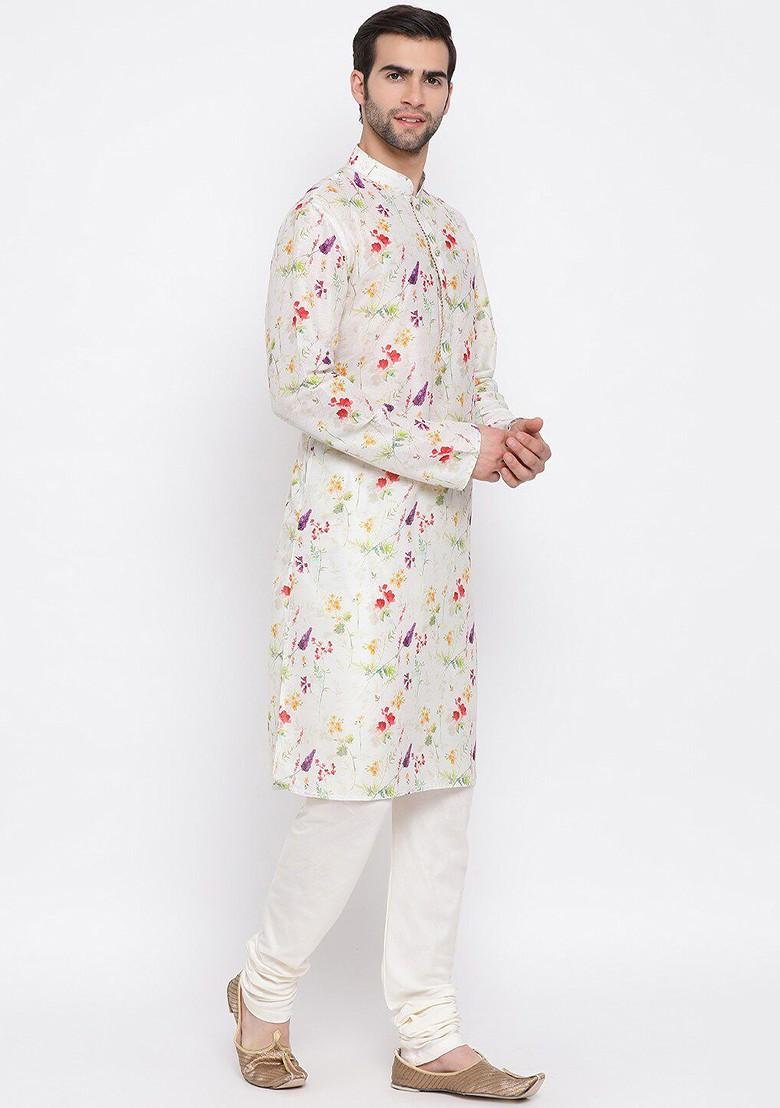 Cream Floral Print Poly Blend Kurta Set For Men