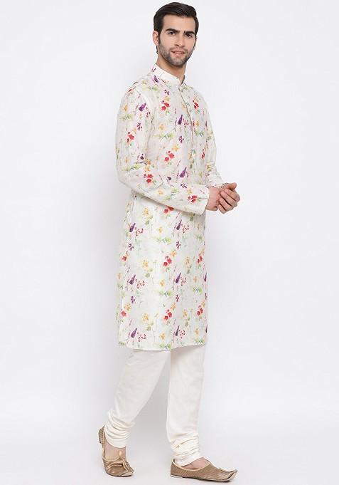 Cream Floral Print Poly Blend Kurta Set For Men