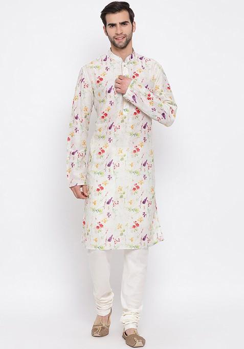 Cream Floral Print Poly Blend Kurta Set For Men