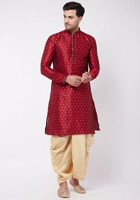 Maroon Woven Poly Blend Kurta Set For Men