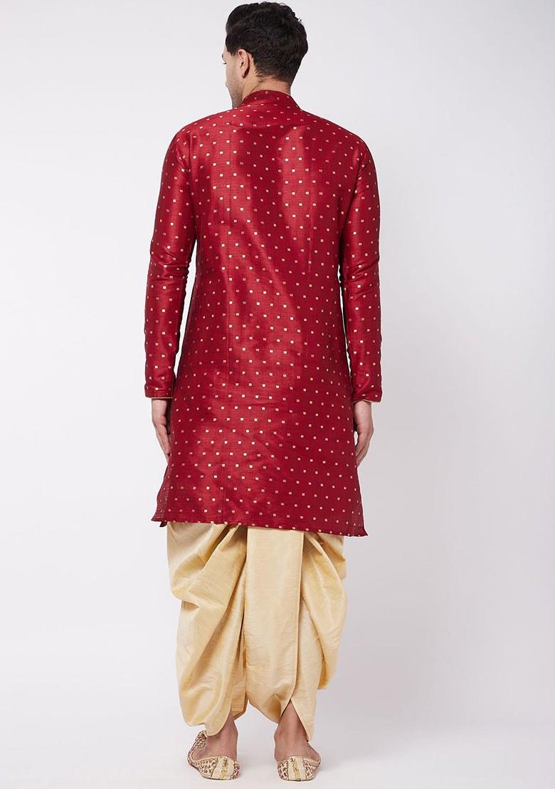 Maroon Woven Poly Blend Kurta Set For Men