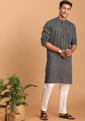 Grey Woven Cotton Kurta Set For Men