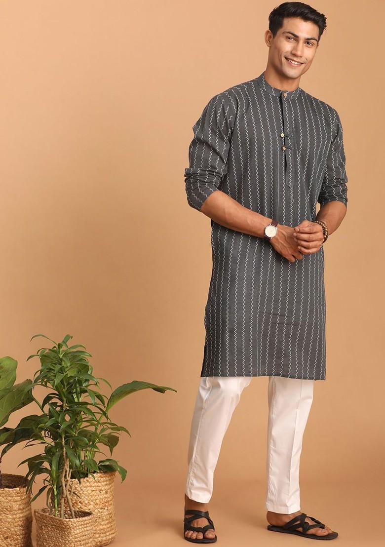 Grey Woven Cotton Kurta Set For Men