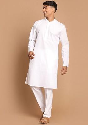 White Solid Cotton Kurta Set For Men