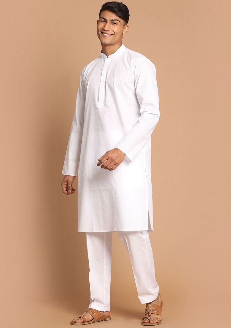 White Solid Cotton Kurta Set For Men