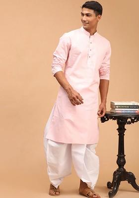 Pink Solid Poly Blend Kurta Set For Men