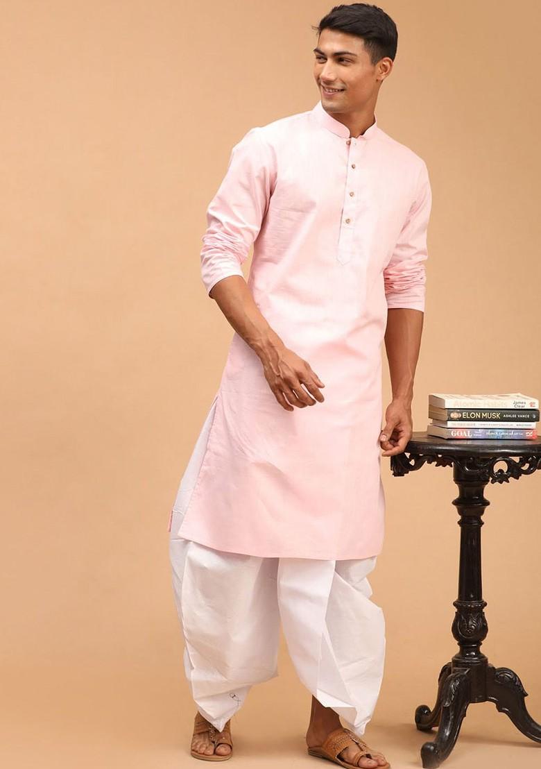 Pink Solid Poly Blend Kurta Set For Men