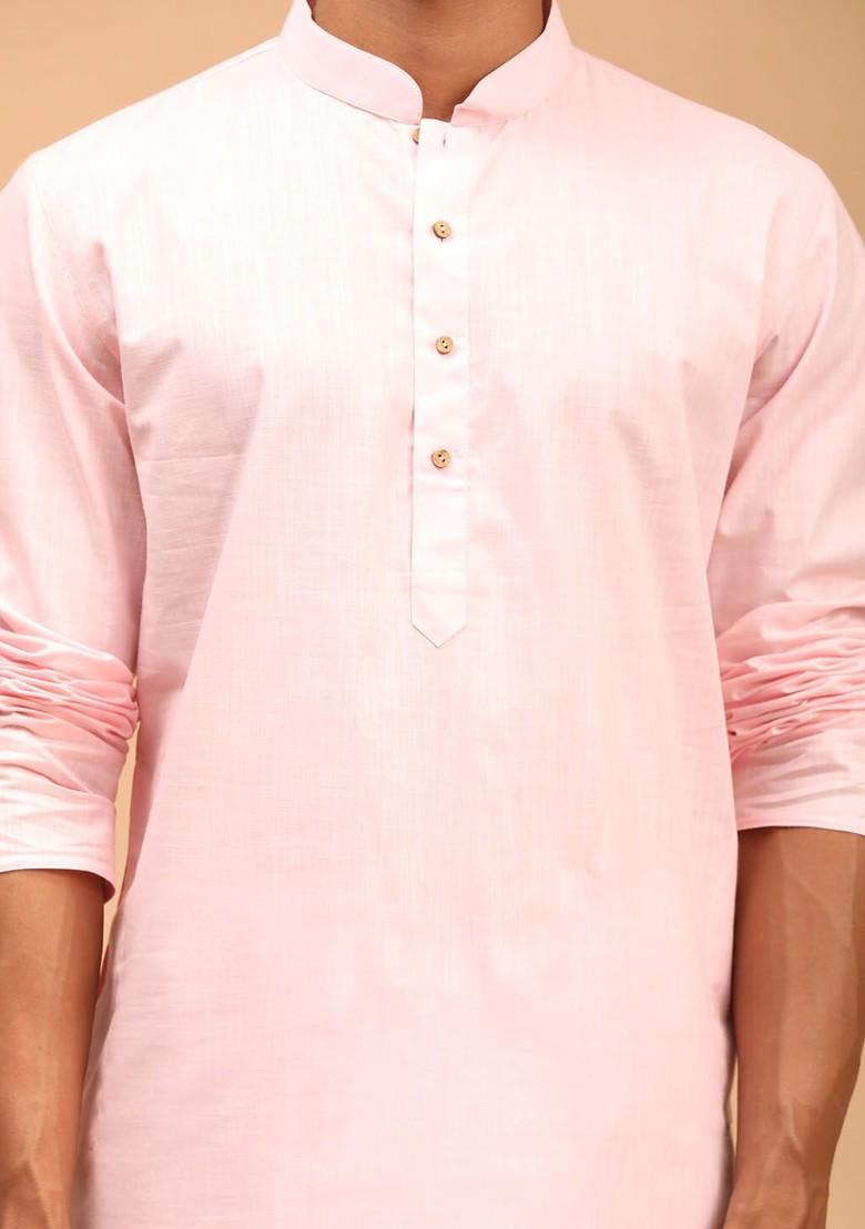 Pink Solid Poly Blend Kurta Set For Men