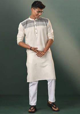 Cream Geometric Print Cotton Kurta Set For Men