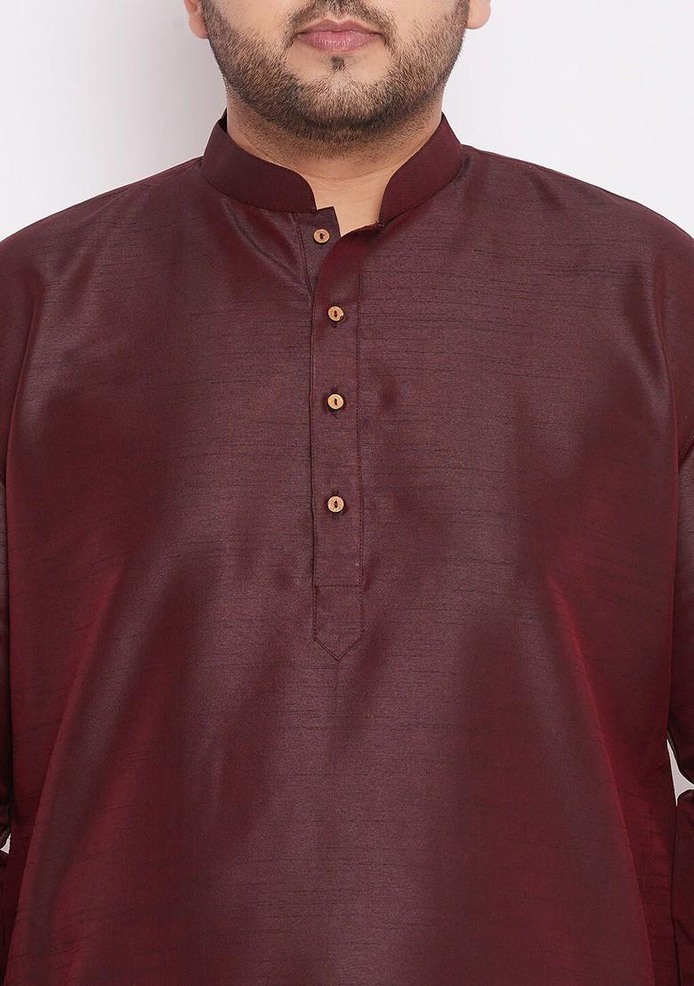 Burgundy Solid Poly Blend Kurta Set For Men